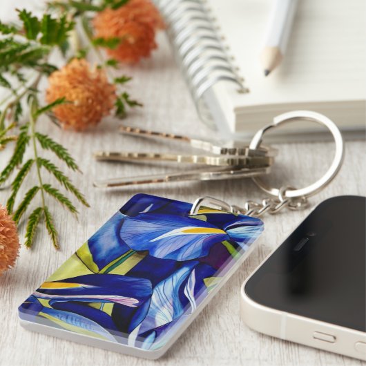Blauw Iris waterverf, origineel kunstschilderij Sleutelhanger (Voorkant Rechts)