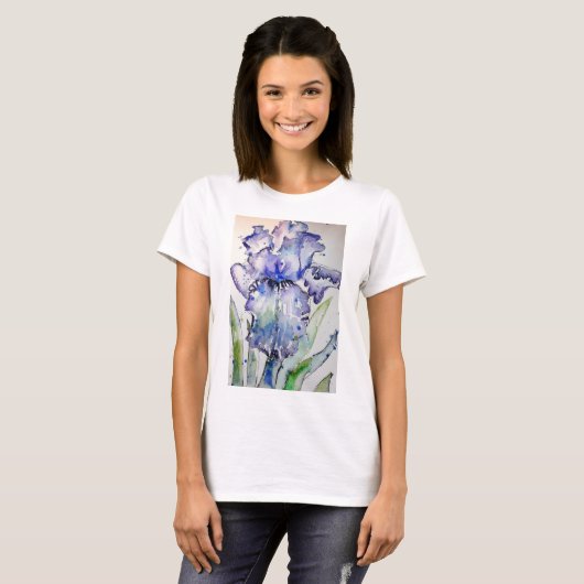 Blauw Iris Waterverf schilderij art T Shirt (Voorkant volledig)