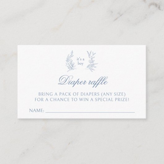 Blauw is een jongen baby shower luier verloting ka informatiekaartje (Voorkant)