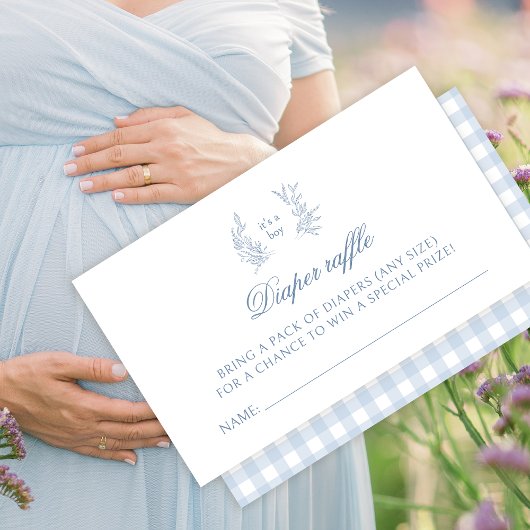 Blauw is een jongen baby shower luier verloting ka informatiekaartje