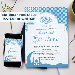 Blauw islamitisch patroon Iftar diner uitnodiging