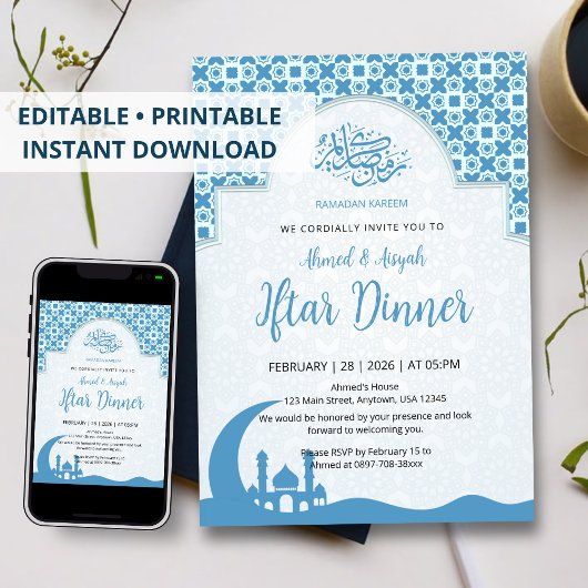 Blauw islamitisch patroon Iftar diner uitnodiging