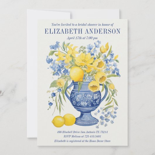 Blauw Italiaans Floral Lemon Bridal Shower Uitnodi Kaart (Voorkant)