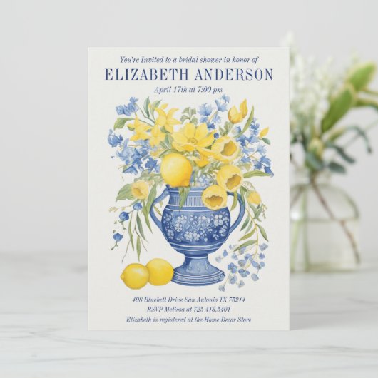 Blauw Italiaans Floral Lemon Bridal Shower Uitnodi Kaart (Staand voorkant)