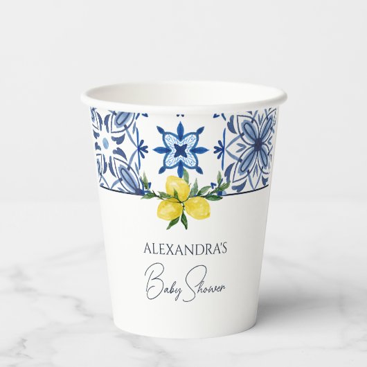 Blauw Italiaans Mediterraan Citroen Baby shower Papieren Bekers (Achterkant)