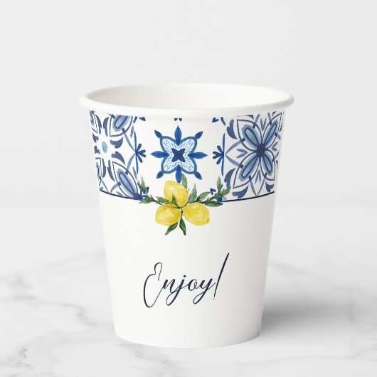 Blauw Italiaans Mediterraan Citroen Baby shower Papieren Bekers (Voorkant)
