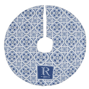 Blauw Italiaans tegelpatroon, monogram Imitatie Linnen Kerstboom Kleed