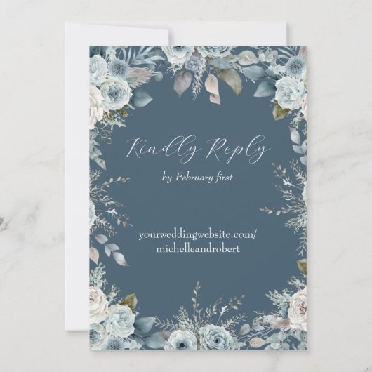 Blauw & Ivoor Bloemachtige Trouwdag Kaart (Achterkant)