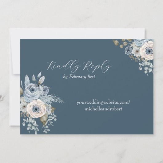 Blauw & Ivoor Bloemen Bruiloft Kaart (Achterkant)
