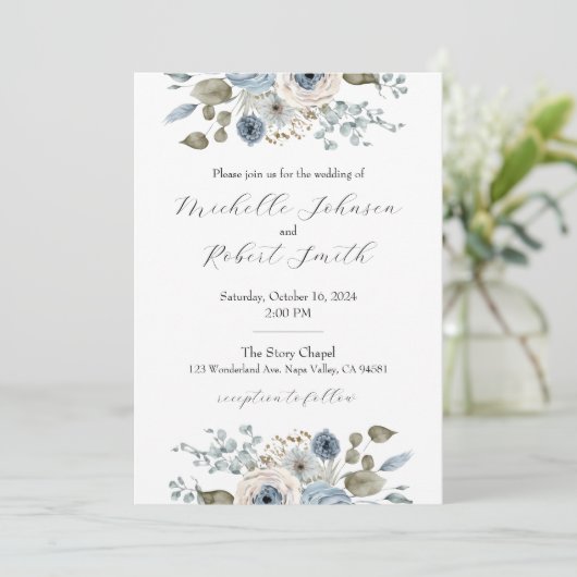 Blauw & Ivoor Bloemen Bruiloft Kaart (Staand voorkant)