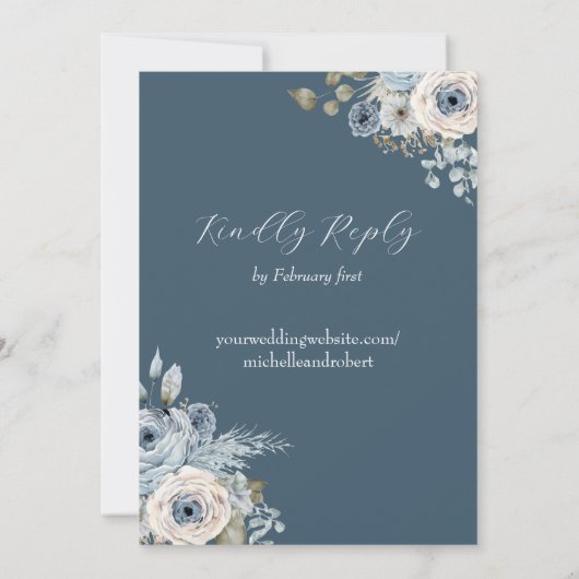 Blauw & Ivoor Bloemen Bruiloft Kaart (Achterkant)