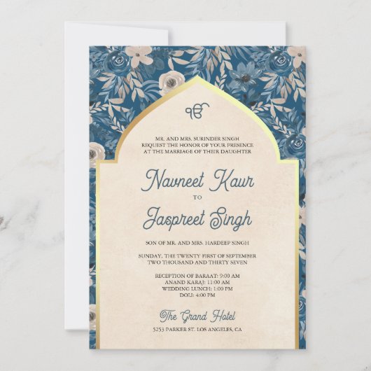 Blauw Ivoor Bloemen Foto Anand Karaj Sikh Bruiloft Kaart (Voorkant)