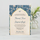 Blauw Ivoor Bloemen Foto Anand Karaj Sikh Bruiloft Kaart (Staand voorkant)