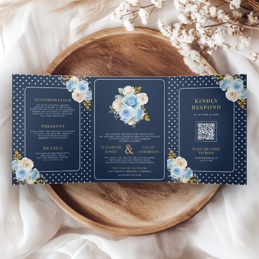 Blauw Ivoor Bloemen Rozen Alles in Een Navy Weddin Drieluik Uitnodiging