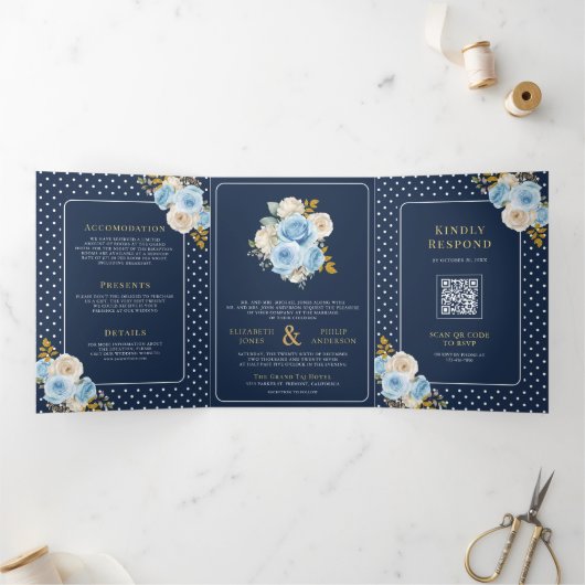 Blauw Ivoor Bloemen Rozen Alles in Een Navy Weddin Drieluik Uitnodiging (Binnen)