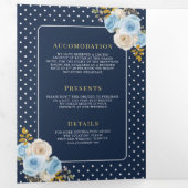 Blauw Ivoor Bloemen Rozen Alles in Een Navy Weddin Drieluik Uitnodiging (Binnenzijde eerst)