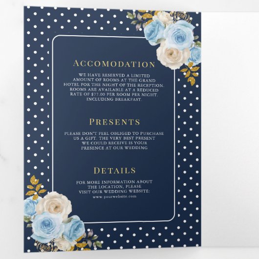 Blauw Ivoor Bloemen Rozen Alles in Een Navy Weddin Drieluik Uitnodiging (Binnenzijde eerst)