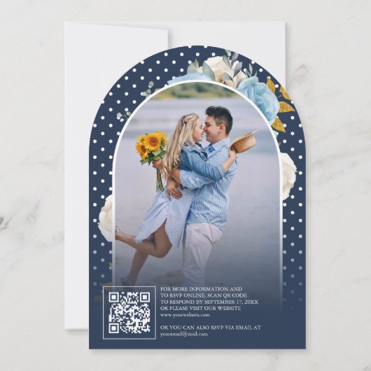 Blauw Ivoor Bloemen Rozen QR Code Foto Navy Weddin Kaart (Achterkant)