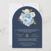 Blauw Ivoor Bloemen Rozen QR Code Foto Navy Weddin Kaart (Voorkant)