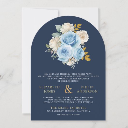 Blauw Ivoor Bloemen Rozen QR Code Foto Navy Weddin Kaart (Voorkant)