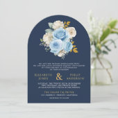 Blauw Ivoor Bloemen Rozen QR Code Foto Navy Weddin Kaart (Staand voorkant)