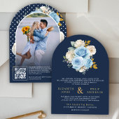 Blauw Ivoor Bloemen Rozen QR Code Foto Navy Weddin Kaart