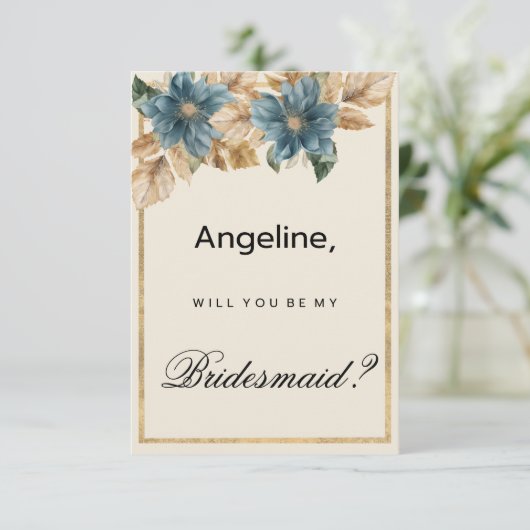 Blauw ivoor gouden herfst voorjaar bloemen Bruidsm Kaart (Staand voorkant)