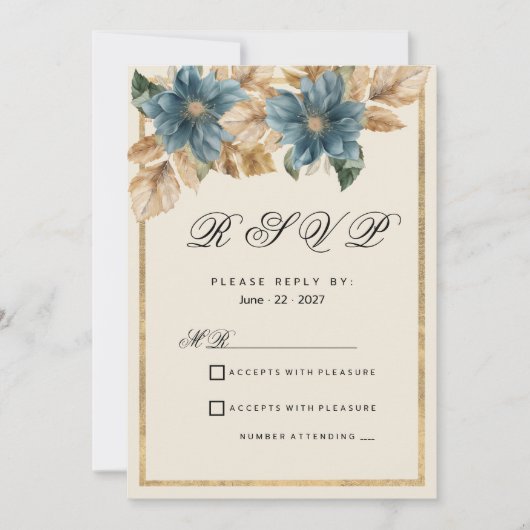 Blauw ivoor gouden herfst voorjaar bloemen RSVP Kaart (Voorkant)