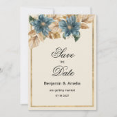 Blauw ivoor gouden herfst voorjaar bloemen Save th Kaart (Voorkant)