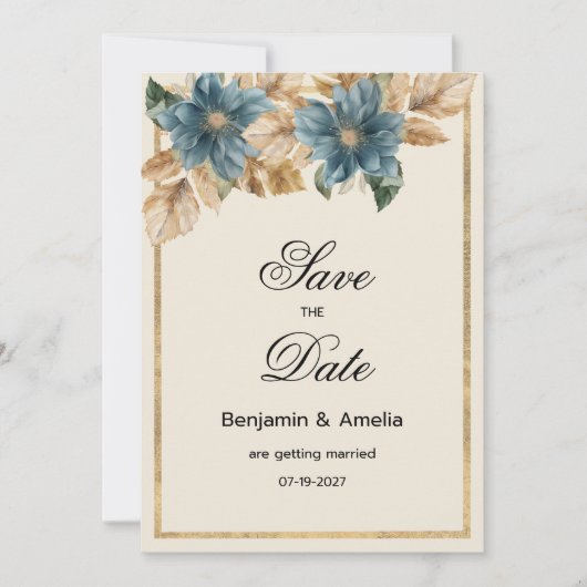 Blauw ivoor gouden herfst voorjaar bloemen Save th Kaart (Voorkant)