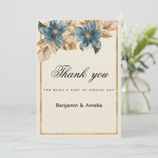 Blauw ivoor gouden herfst voorjaar bloemendank u kaart (Staand voorkant)