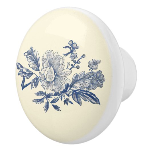 Blauw Ivoor Toile Peony Detail Keramische Knop (Rechts)