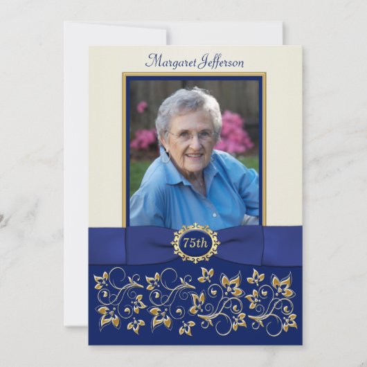 Blauw, Ivoorkleurig, Gouden 75ste Foto Verjaardags Kaart (Voorkant)