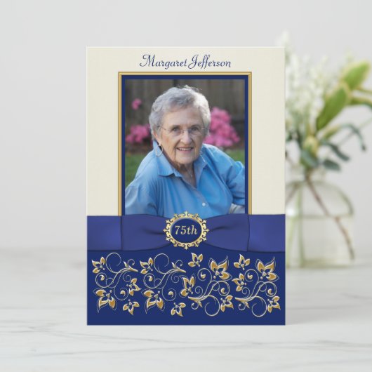 Blauw, Ivoorkleurig, Gouden 75ste Foto Verjaardags Kaart (Staand voorkant)
