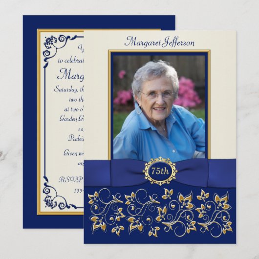 Blauw, Ivoorkleurig, Gouden 75ste Foto Verjaardags Kaart (Voorkant / Achterkant)