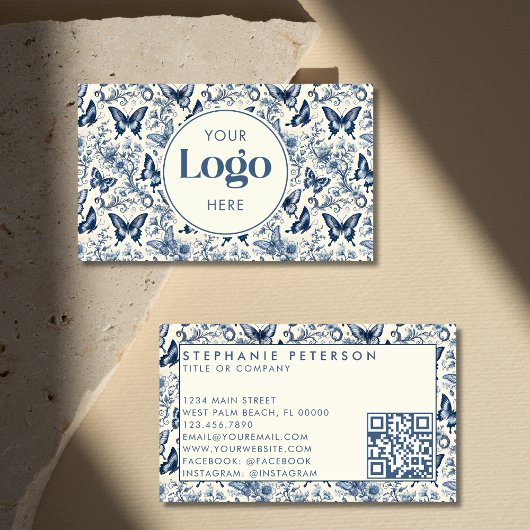 Blauw Ivoorkleurige Toile De Jouy Aangepast Logo Q Visitekaartje