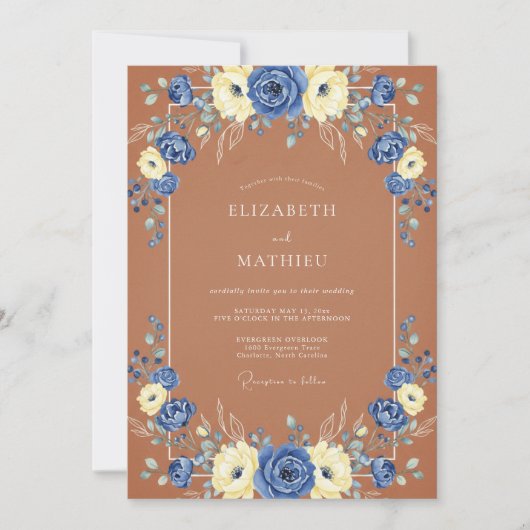 Blauw Ivoren Romantisch Bloem Bruiloft Kaart (Voorkant)