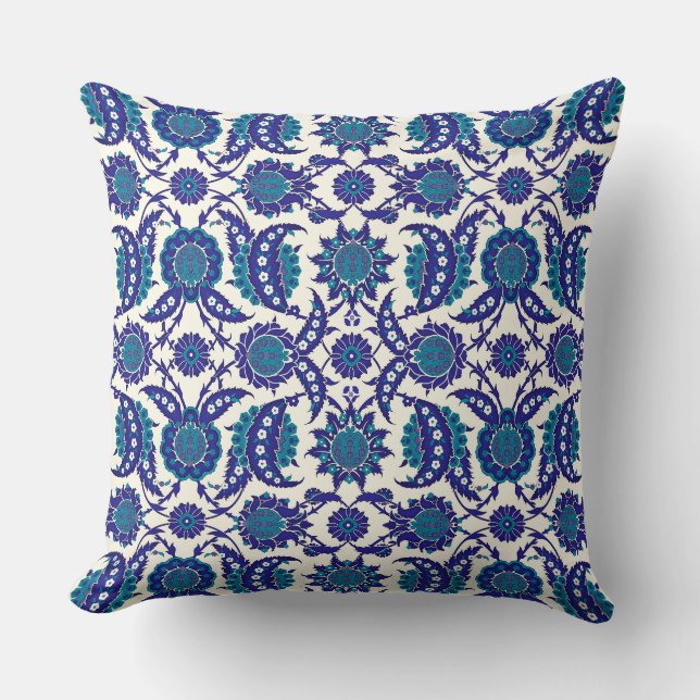 Blauw Iznik Bloempatroon Kussen (Voorkant)