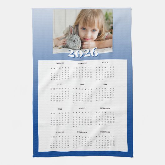 Blauw Jaar 2026 Aangepaste Fotokalender Keukenhand Theedoek (Verticaal)