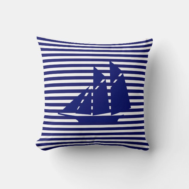 Blauw jacht op blauw wit gestreept kussen (Voorkant)
