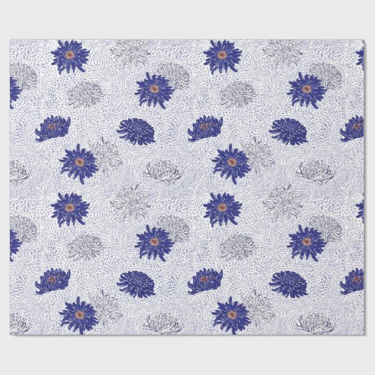 Blauw Japans Bloempatroon Inpakpapier (Vlak)