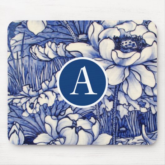 BLAUW JAPANS FLORAL DESIGN DIY INITIAAL Mousepad Muismat (Voorkant)