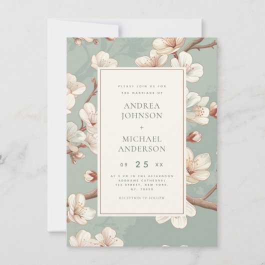 Blauw |  Japanse kersenbloesem bruiloft Kaart (Voorkant)