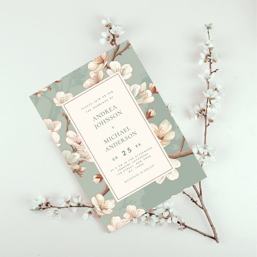 Blauw | Japanse kersenbloesem bruiloft Kaart