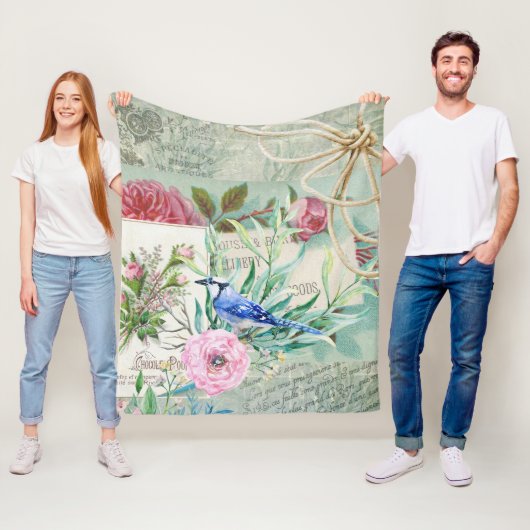  blauw Jay Bird Roze Rose Floral Collage Fleece Deken (In situ)