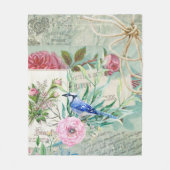  blauw Jay Bird Roze Rose Floral Collage Fleece Deken (Voorkant)