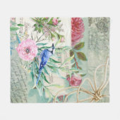  blauw Jay Bird Roze Rose Floral Collage Fleece Deken (Voorkant (Horizontaal))