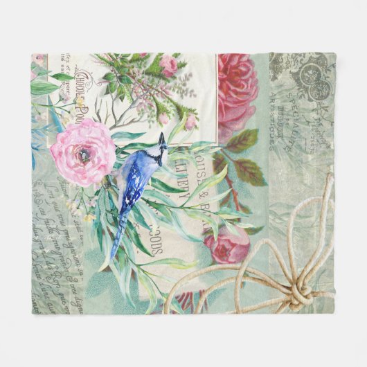  blauw Jay Bird Roze Rose Floral Collage Fleece Deken (Voorkant (Horizontaal))