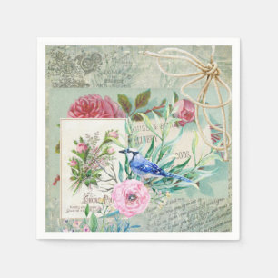 blauw Jay Bird Roze Rose Floral Collage Servetten