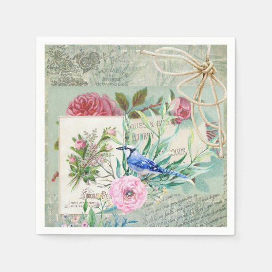  blauw Jay Bird Roze Rose Floral Collage Servetten (Voorkant)